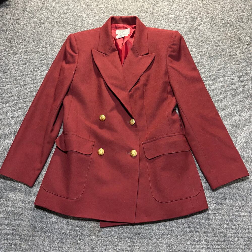 Talbots Vintage Wool Double Breasted Blazer Gold Buttons Petite 6P Maroon Jacket